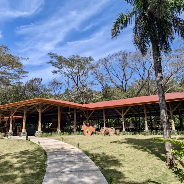 a group of palm trees with a building in the background