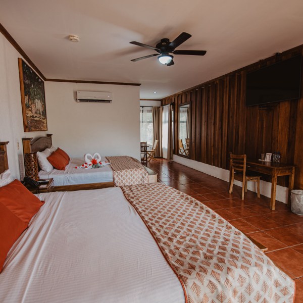 a bedroom with a large bed in a room