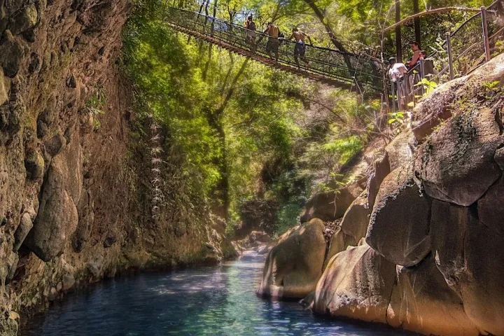 a small elephant walking along a river next to a body of water