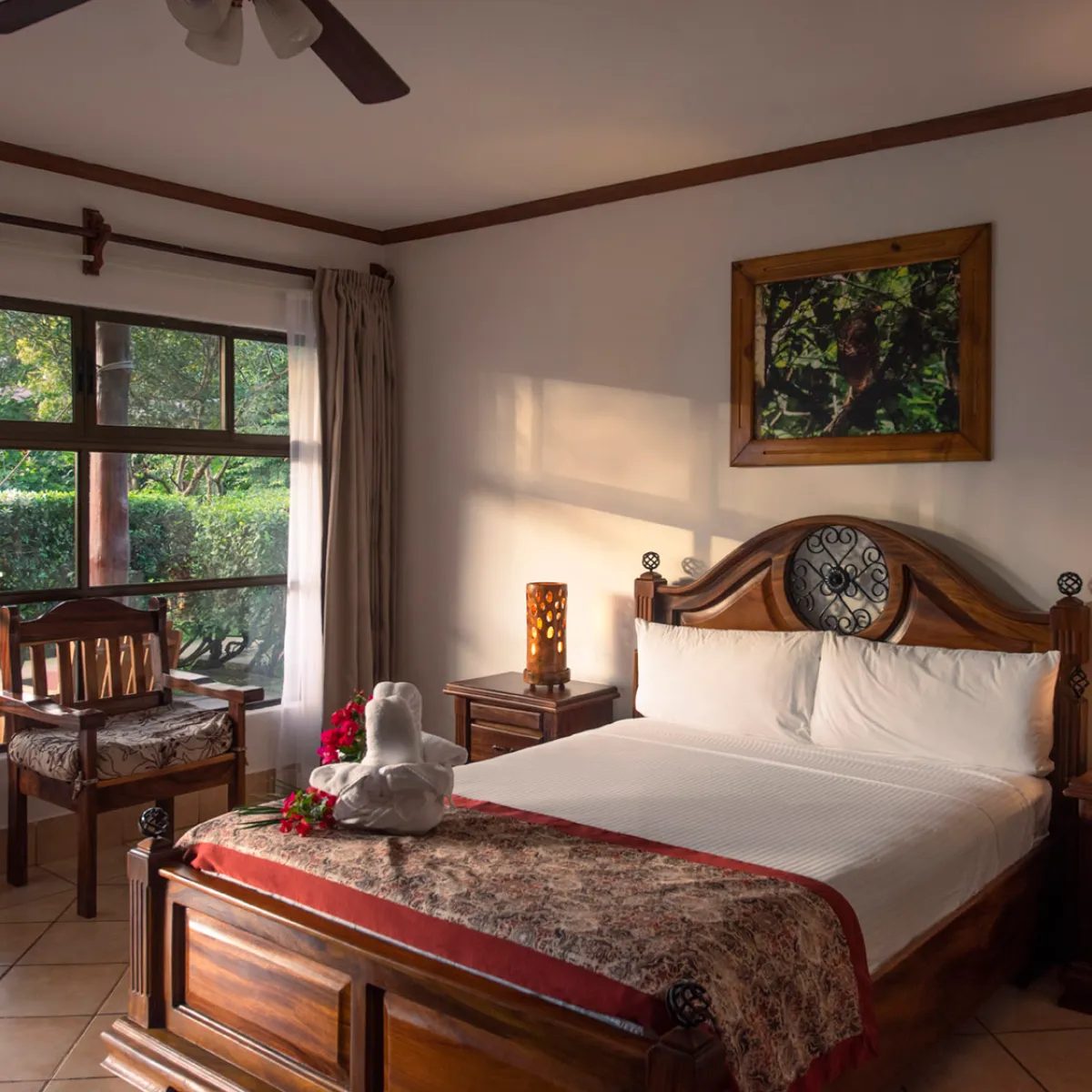 a bedroom with a bed and a fireplace