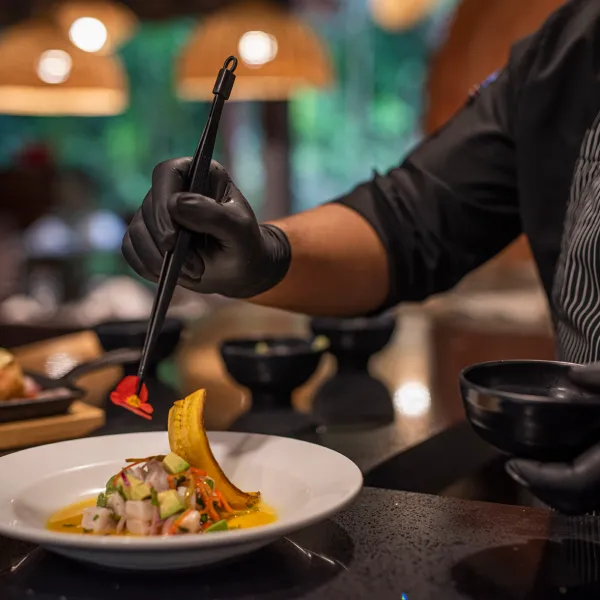a person sitting at a table with a plate of food