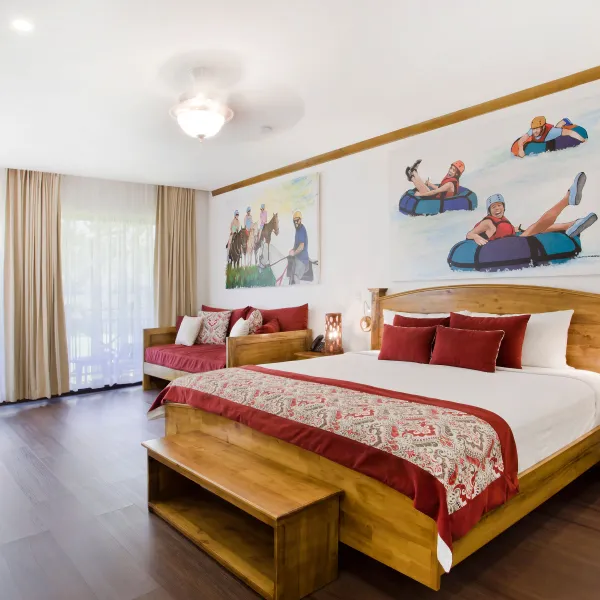 a bedroom with a large bed in a room