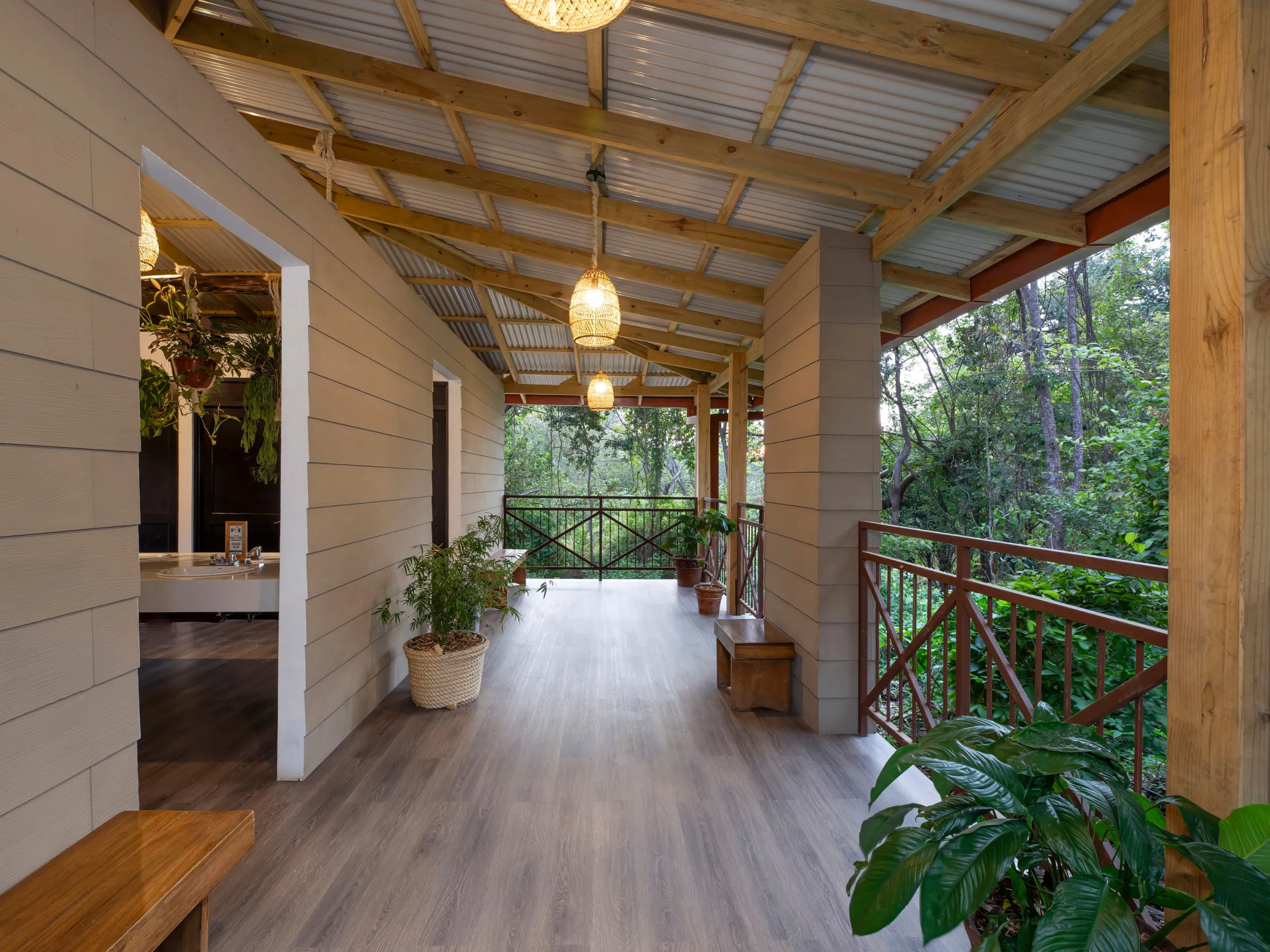 a wooden bench in front of a house
