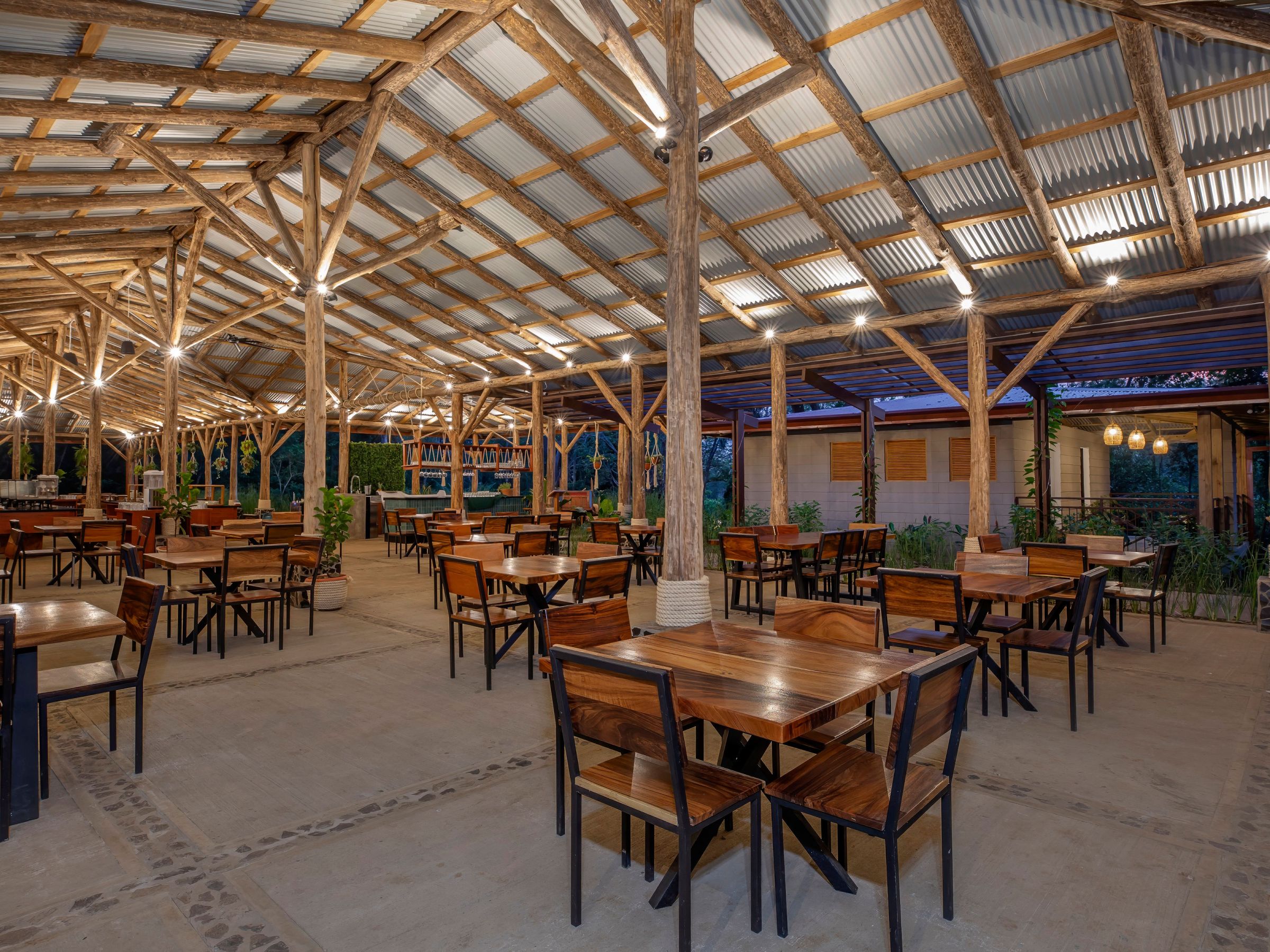 a dining room table in front of a building