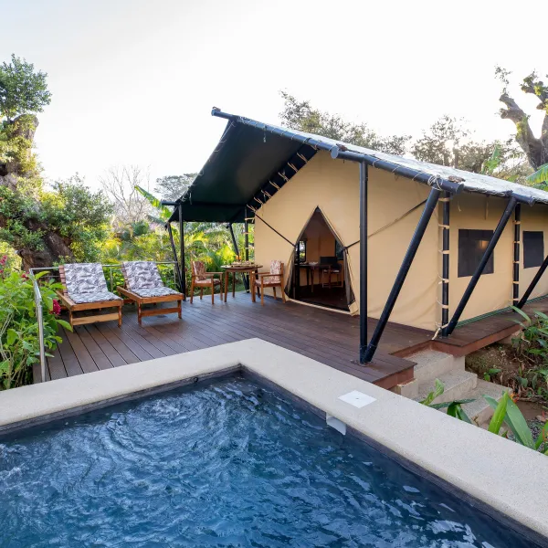 a house with a pool in front of a building