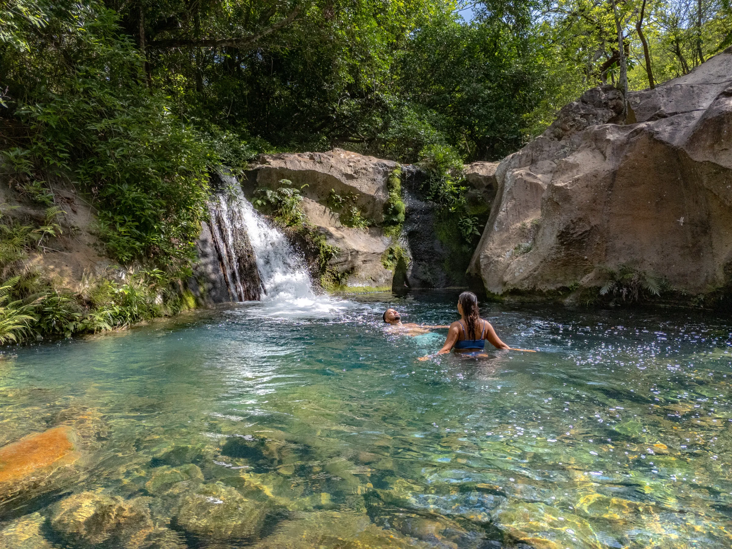 Two people swim in a clear natural pool near a small waterfall, surrounded by lush greenery.