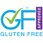 Blue 'GF' logo with green check, text: Gluten Free Approved.