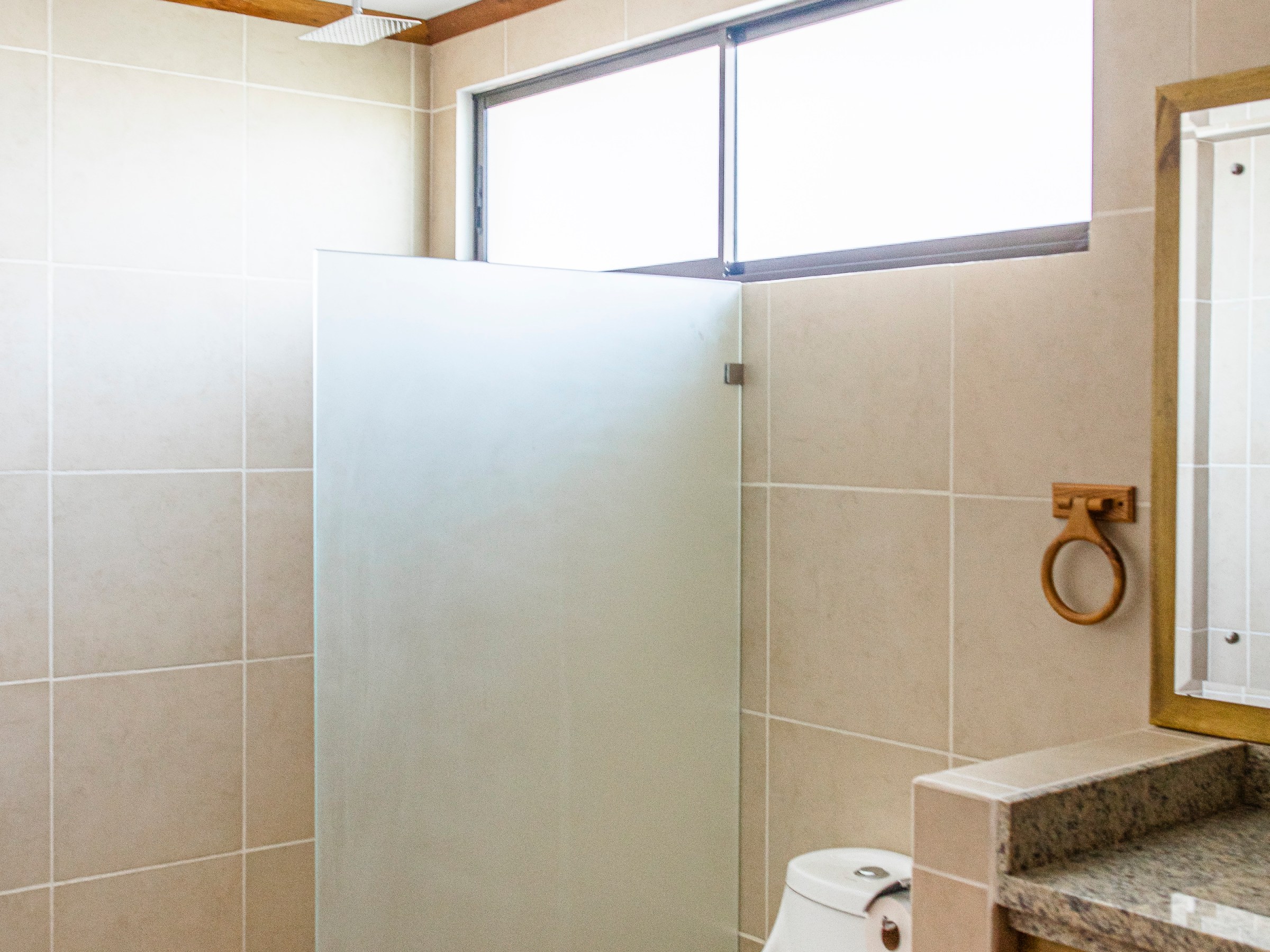 Modern bathroom with a shower, toilet, sink, and frosted glass divider.