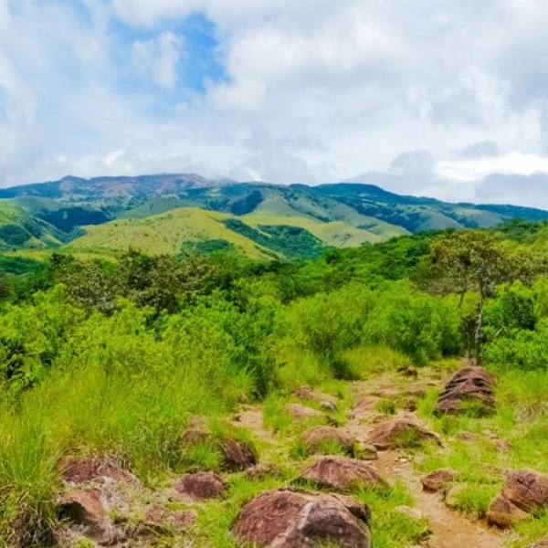 Scenic view of a rocky path through lush green hills under a cloudy sky.