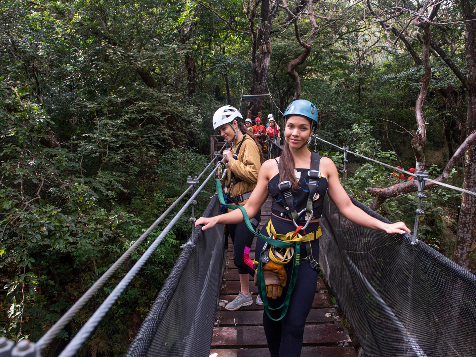 People with helmets stand on a forest canopy bridge.