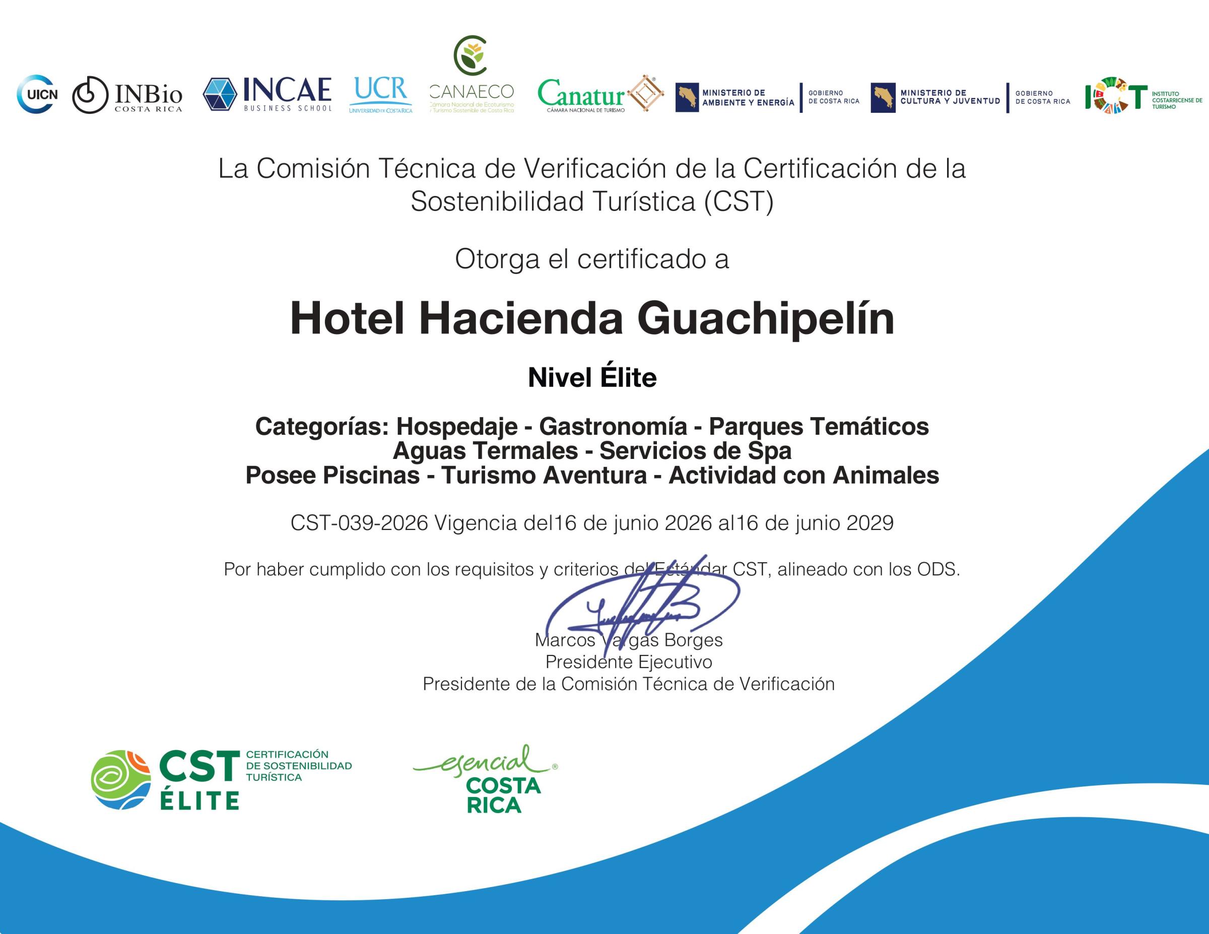 Certificate for Hotel Hacienda Guachipelín with various tourism categories.