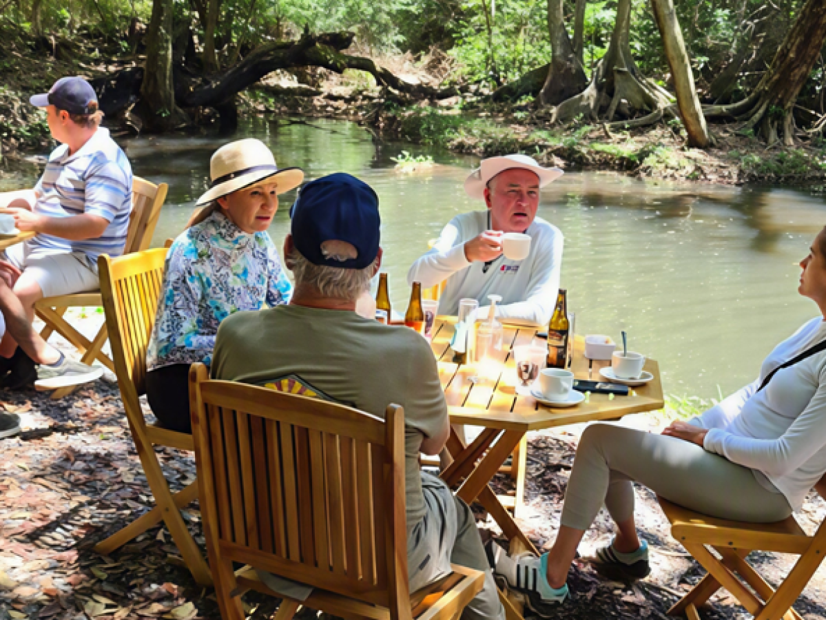 People sitting by a river, talking and drinking at a wooden table outdoors.