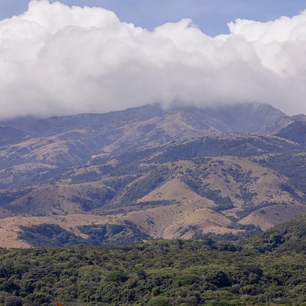 Mountain range with cloud cover and forested foothills.