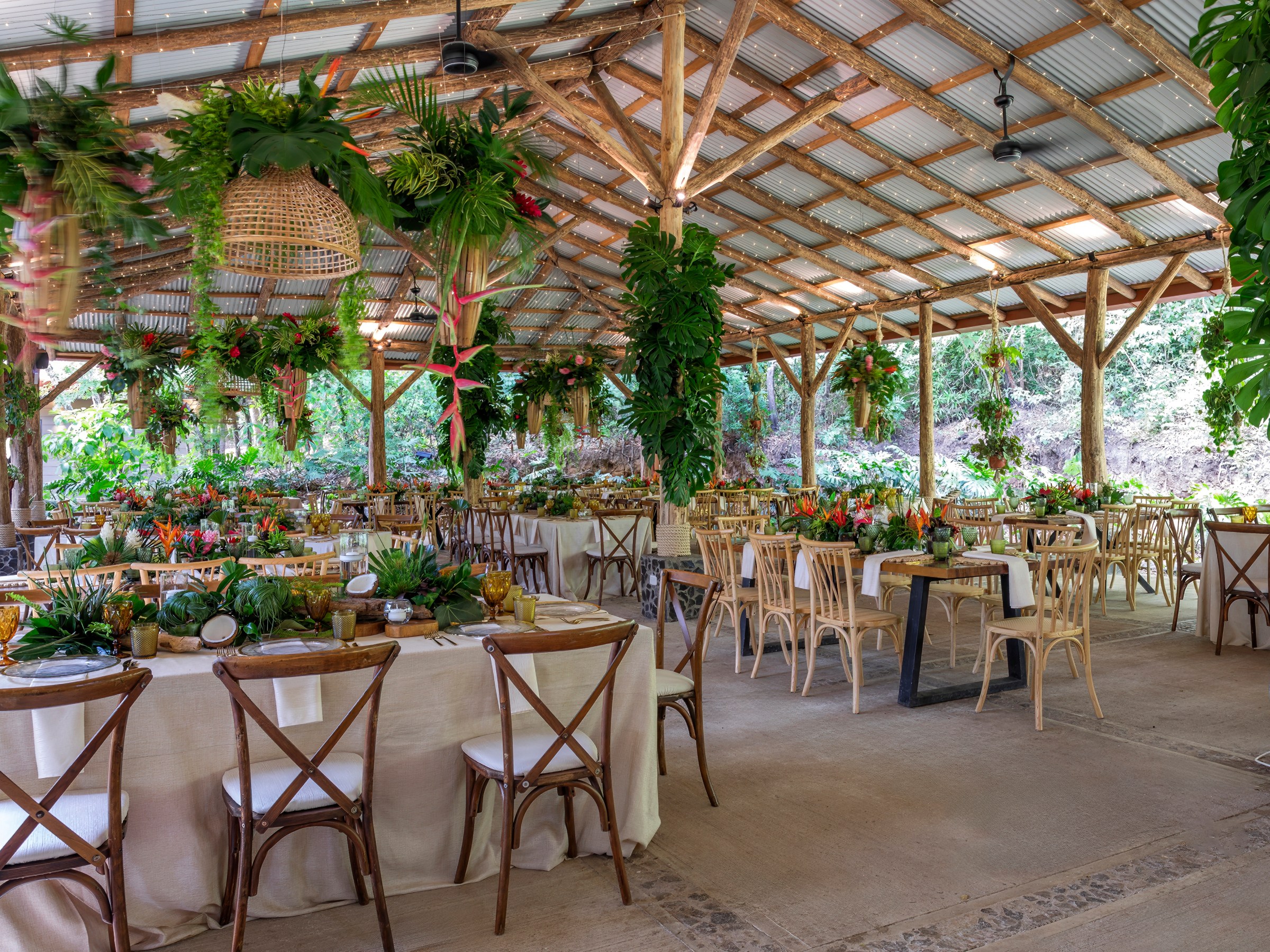 Rustic outdoor wedding setup with wooden chairs, tables, and hanging plants.