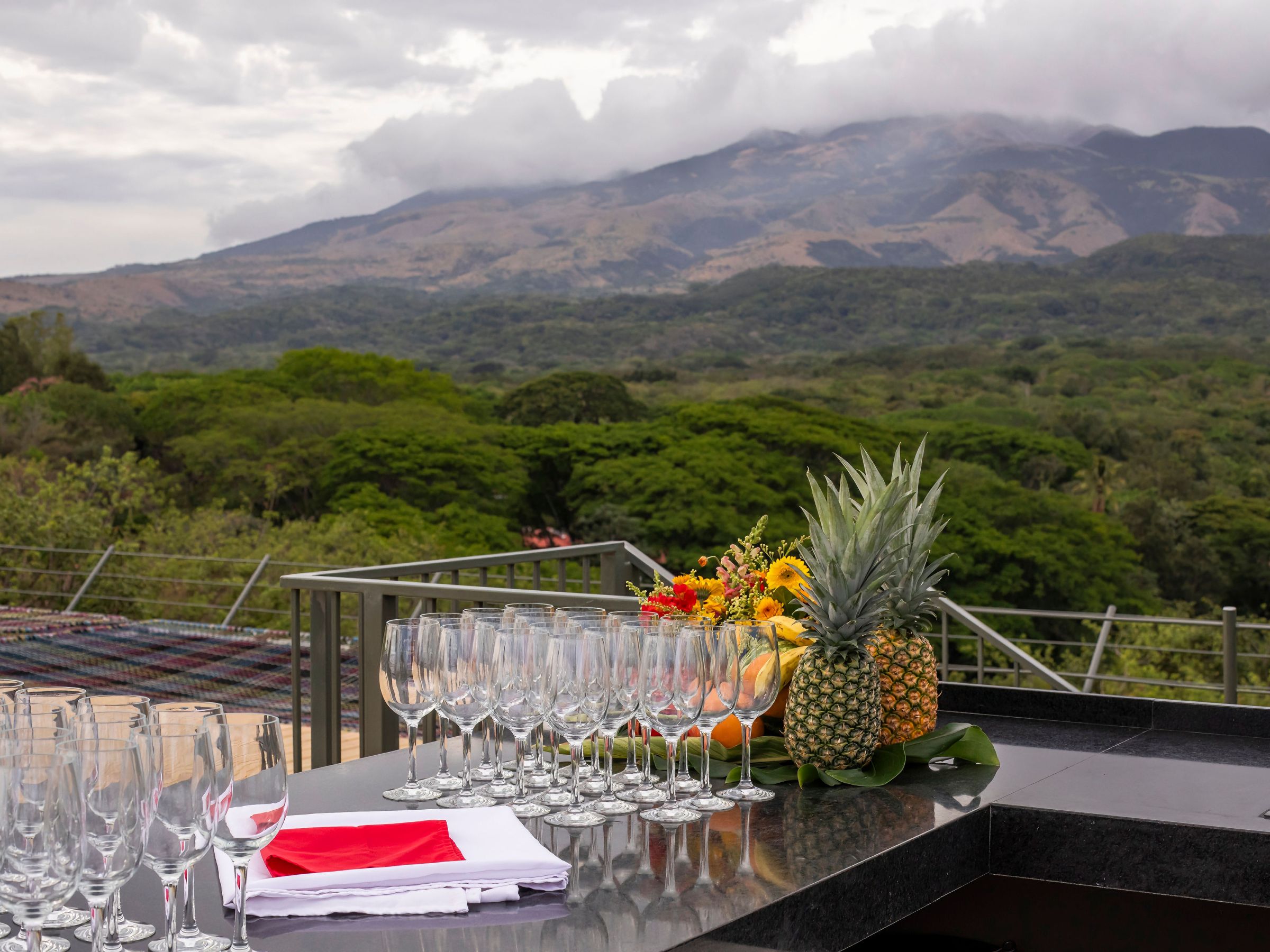Outdoor bar setup with wine glasses, tropical fruits, and mountain view.