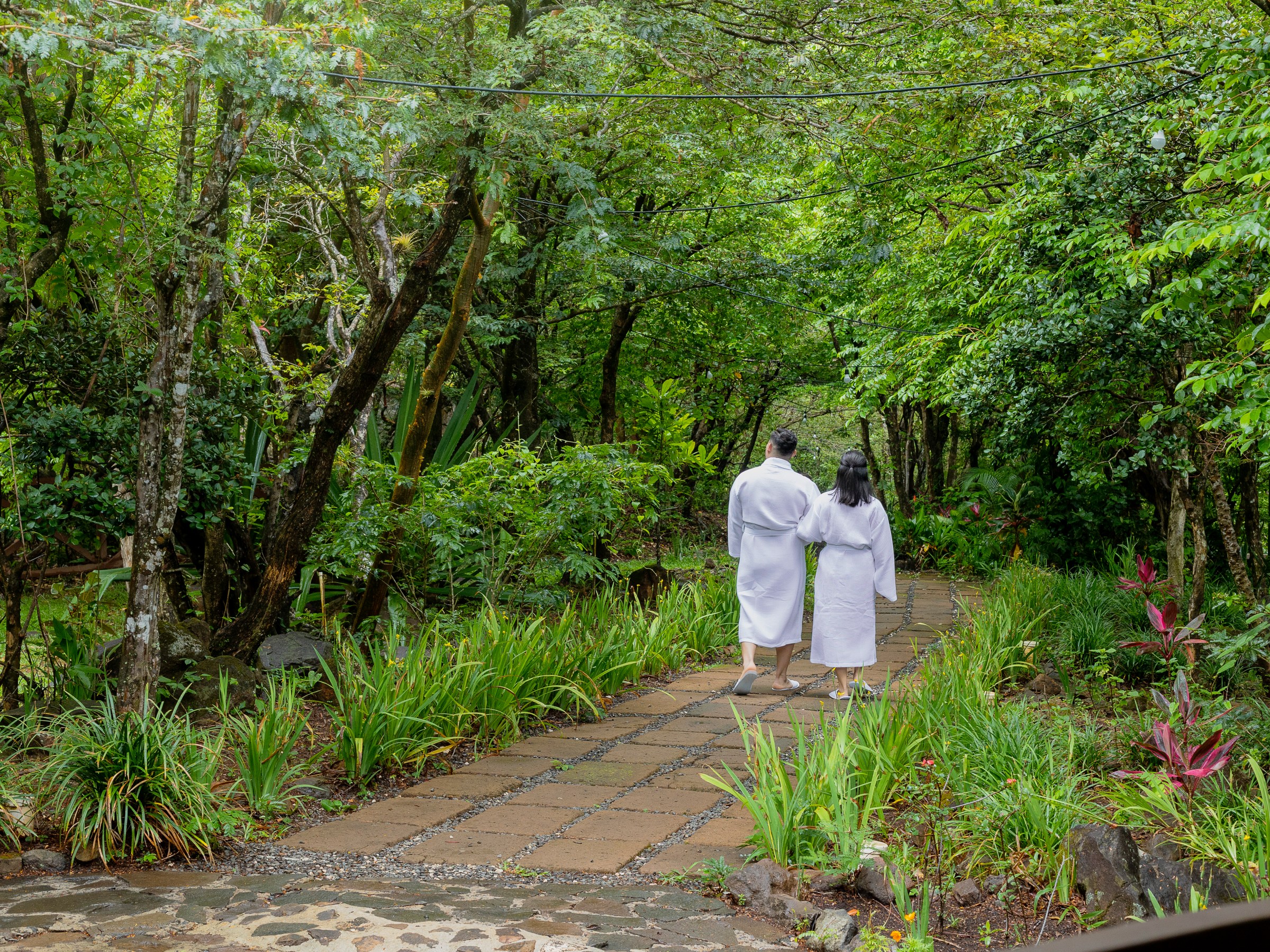 Two people in white robes walking on a forest path.